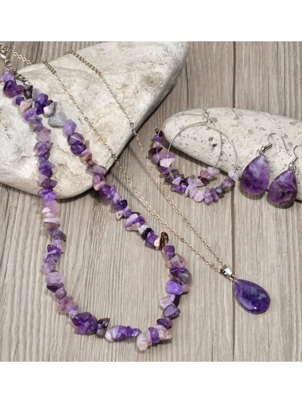 NWT White Gold Plated Amethyst Crystal Jewelry Set Boho Layered Necklace Earring